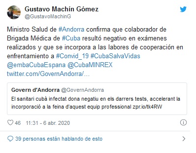 Ministro Salud de #Andorra confirma que colaborador de Brigada Médica de #Cuba resultó negativo en exámenes realizados