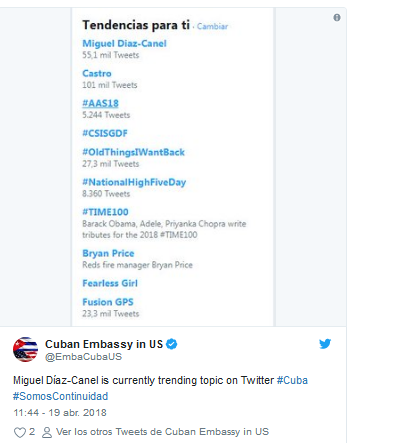 Presidente del Consejo de Estado y de Ministros de Cuba, Miguel Díaz-Canel Bermúdez es tendencia global en Twitter.