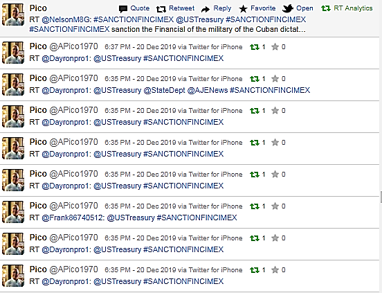 Esta captura de pantalla muestra cómo el usuario comenzó a las 6:24 pm a marcar  RT en un despliegue de tuits con la etiqueta #SanctionFincimex